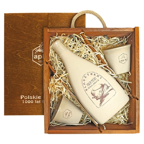 Miód pitny 2" Klasztorny 0,5l 16% kamionka ang+2 czarki skrzyn.
