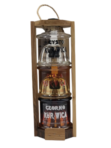 Wódka Kurnwica 3x 0,2l mix zestaw + drewniane opak.