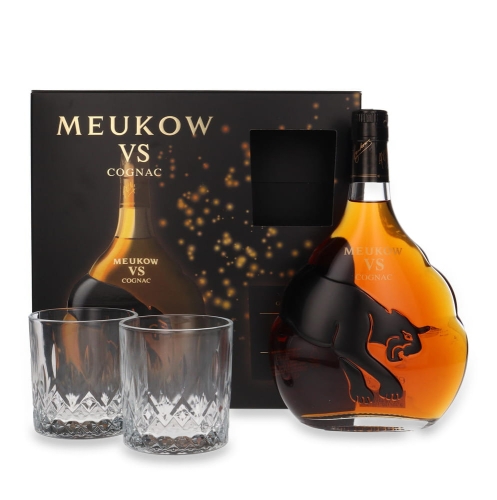 Cognac Meukow VS 0,7l 40% + 2 szklanki kart.